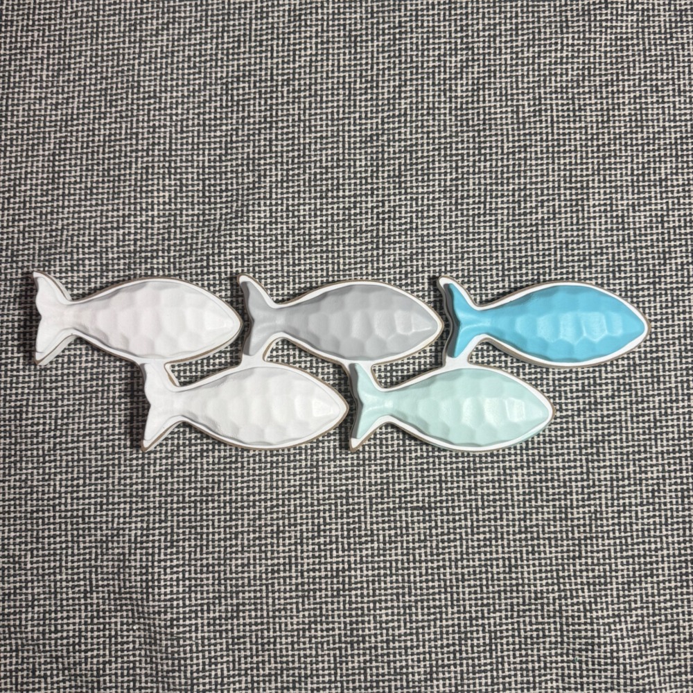 Coastal Wooden School of Fish Wall Decor Blue Grey White Faceted 18.5 Inch Art